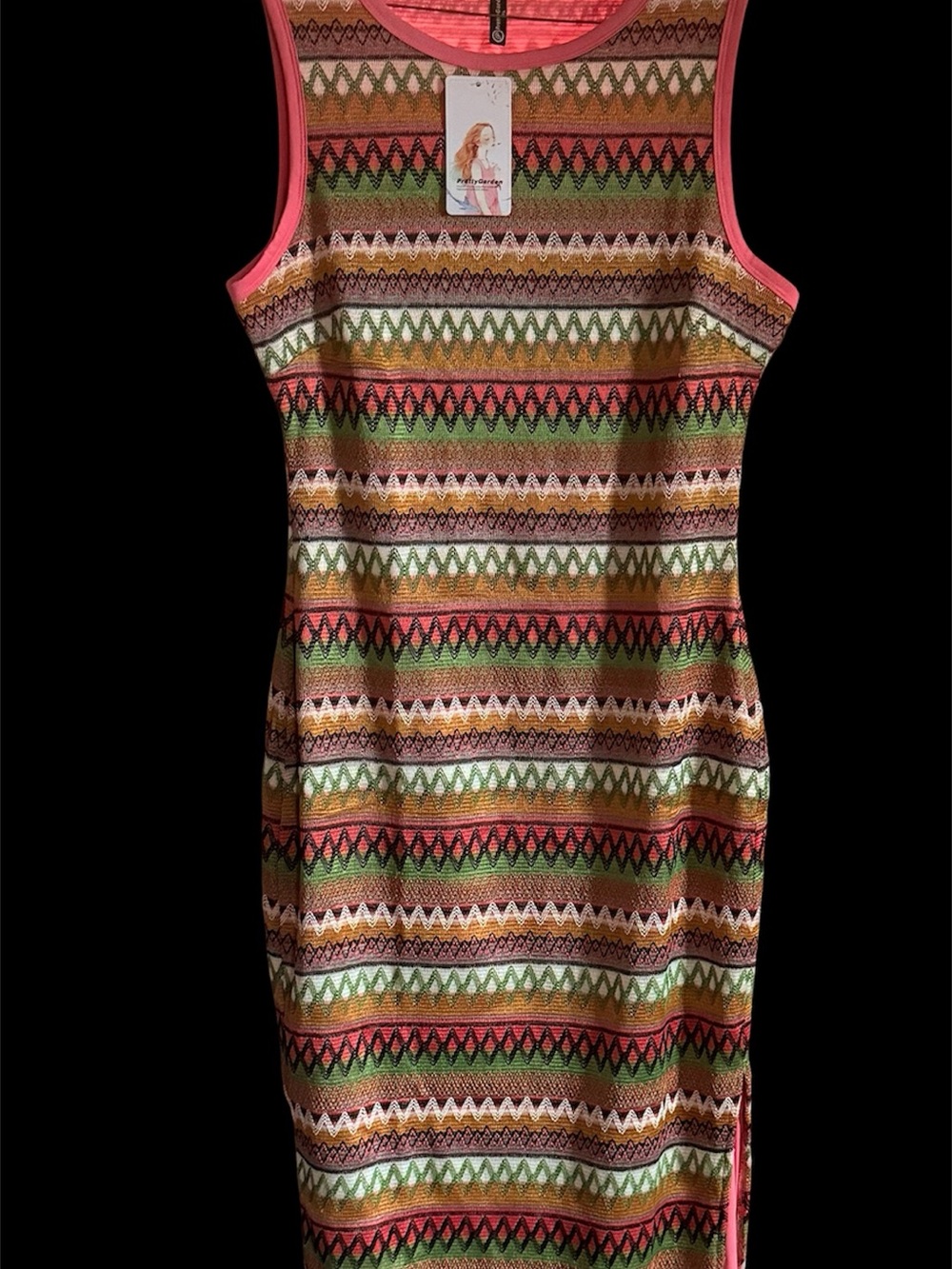 Pretty Green Sleeveless Zigzag Midi Dress in Coral, Green, Cream & Brown